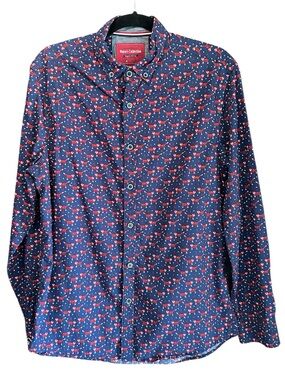 Report Collection Navy Button-Down Shirt with Red Dot Pattern